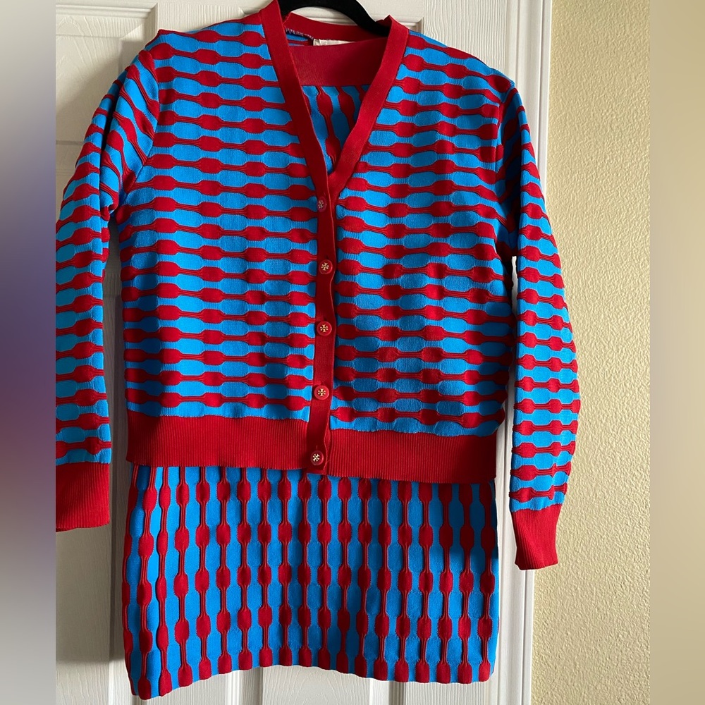 NEW! Tory Burch Red Candy Blue Geometric Pattern Cardigan & Skirt (size M)